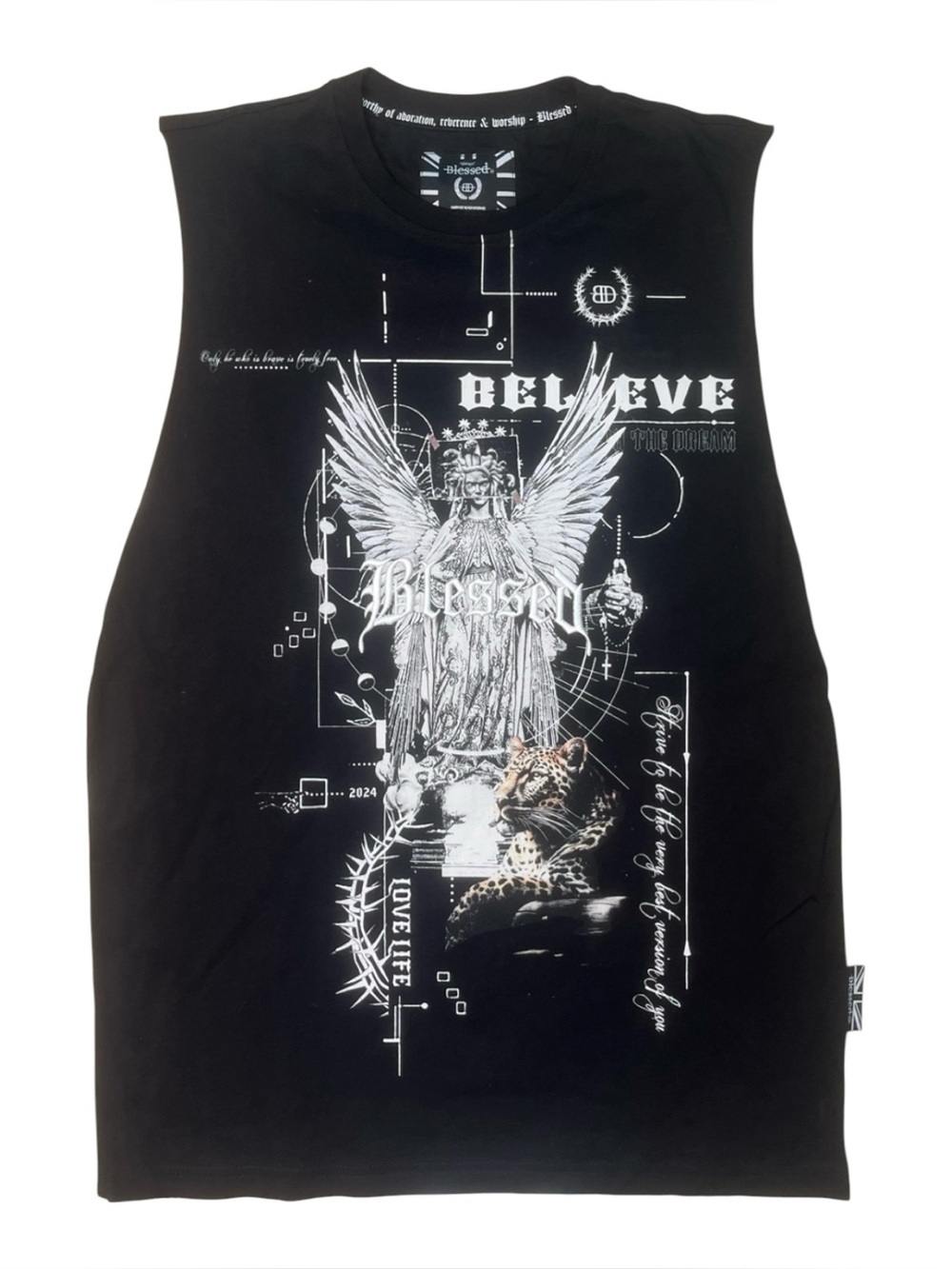 Sz M cut off blessed Black Graphic Muscle Tee with Angel & Leopard Print